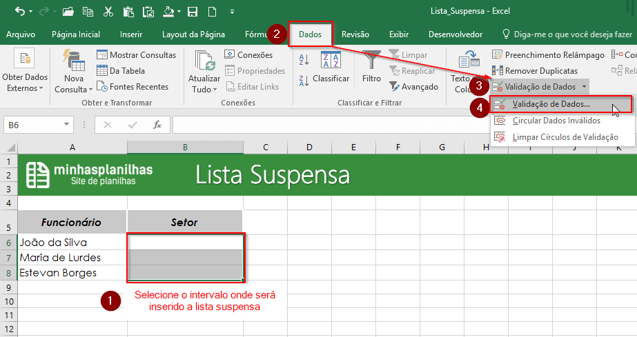 como inserir lista suspensa no excel