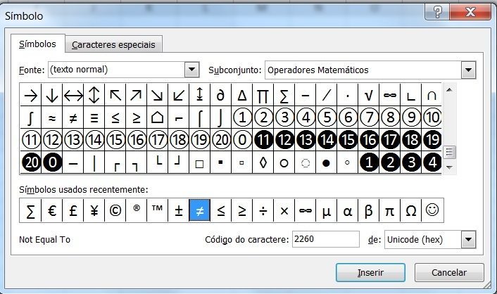 sinal diferente excel formula