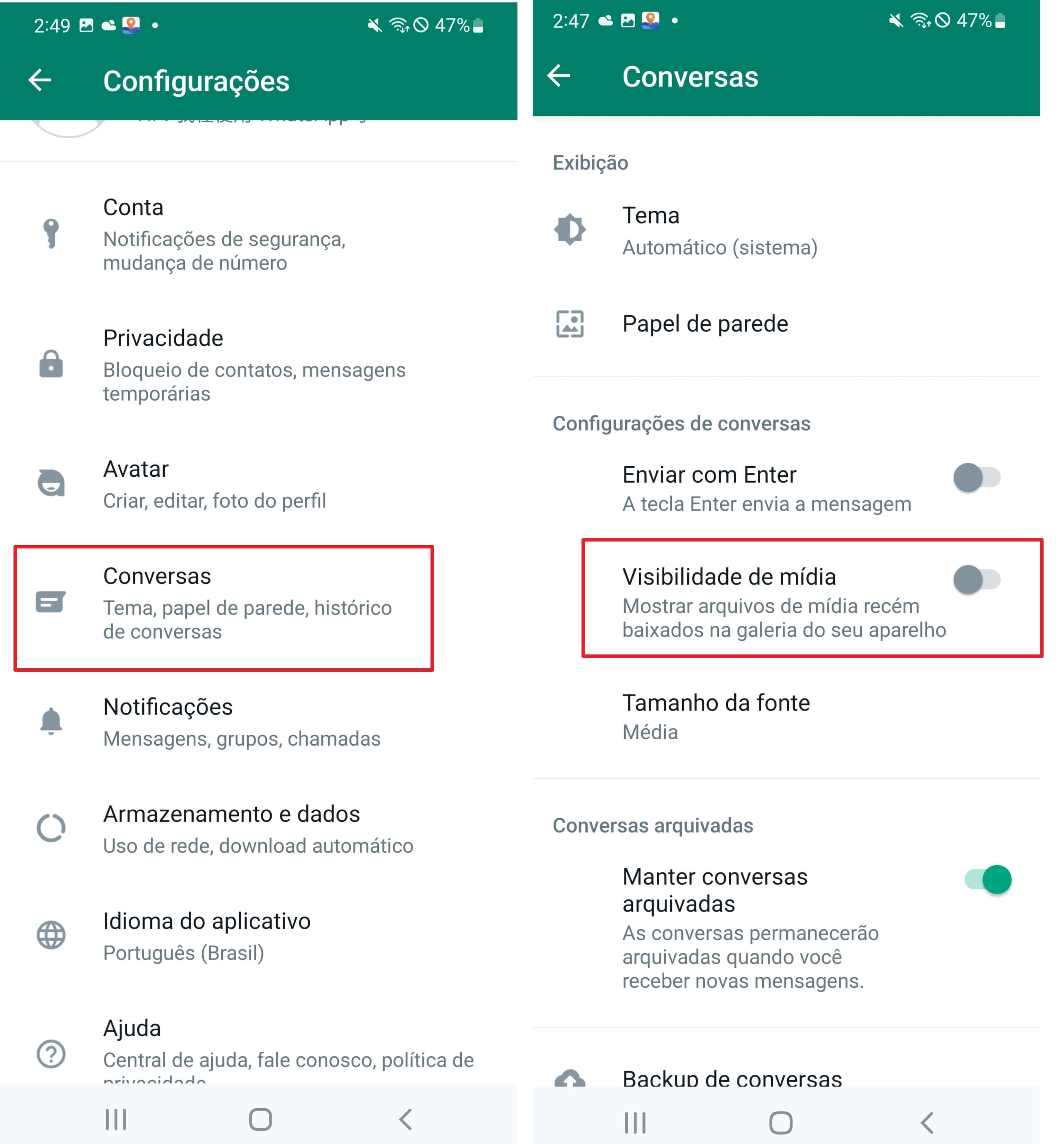 erro ao desativar visibilidade de mídia whatsapp android