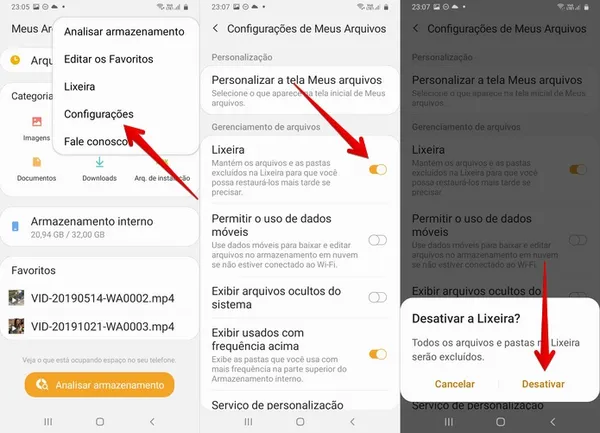 onde fica a lixeira do celular samsung
