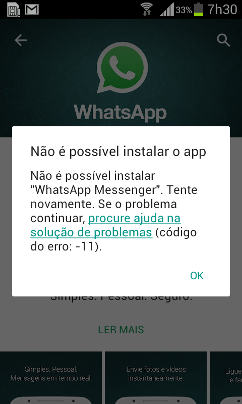 erro ao enviar mensagem whatsapp