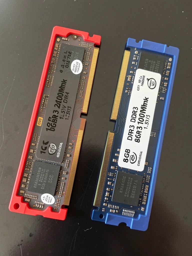 Módulos de memória RAM DDR3 e DDR4 lado a lado, com diferenças visíveis nos contatos e entalhes.