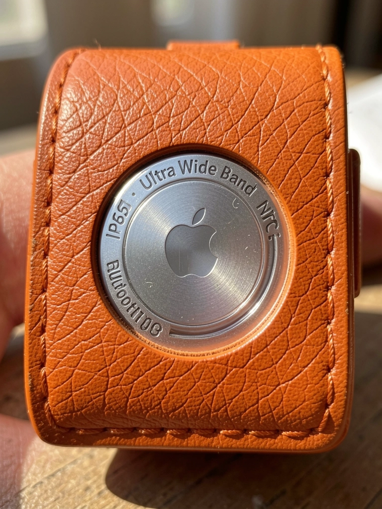 Close-up de case de couro laranja para AirTag, com placa de metal prateada e logotipo da Apple, luz natural difusa.
