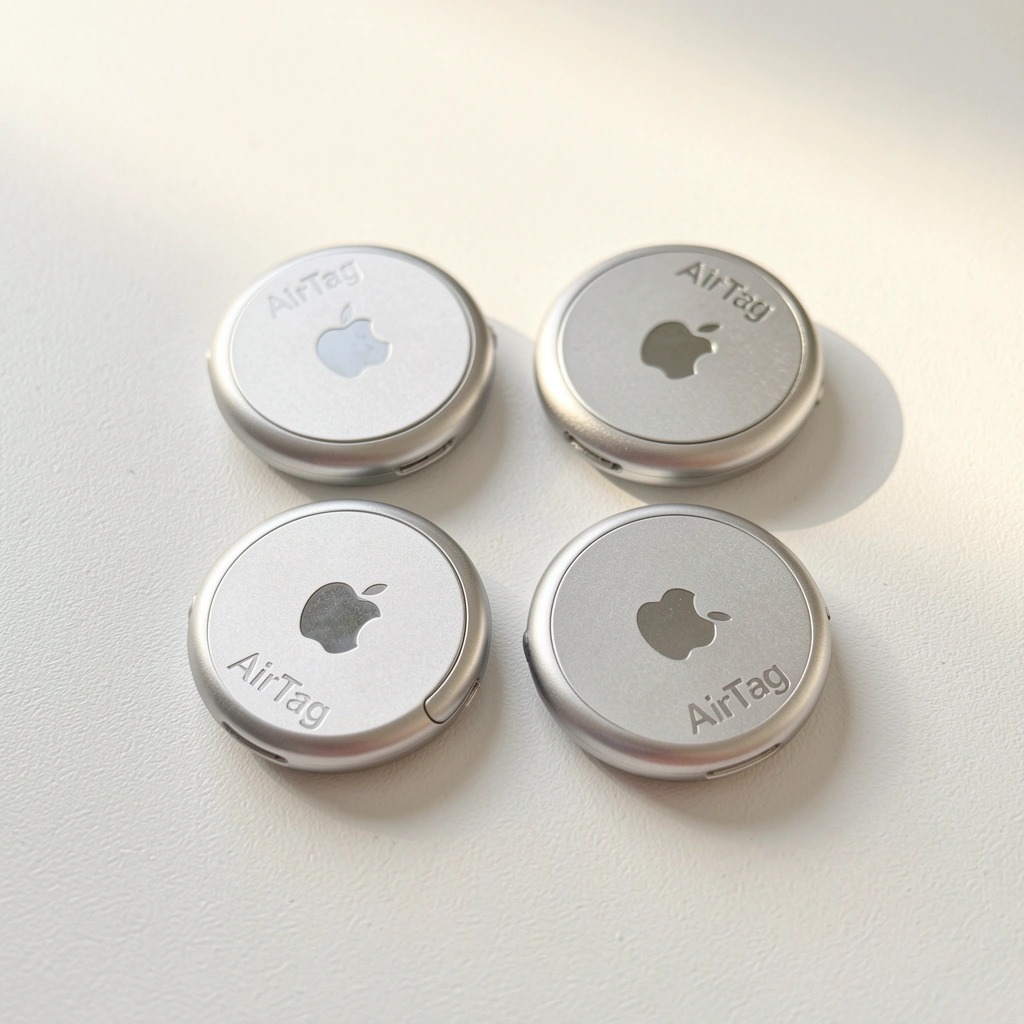 Quatro AirTags prateadas em círculo sobre superfície branca texturizada, com luz difusa destacando o logotipo da Apple e bordas arredondadas.