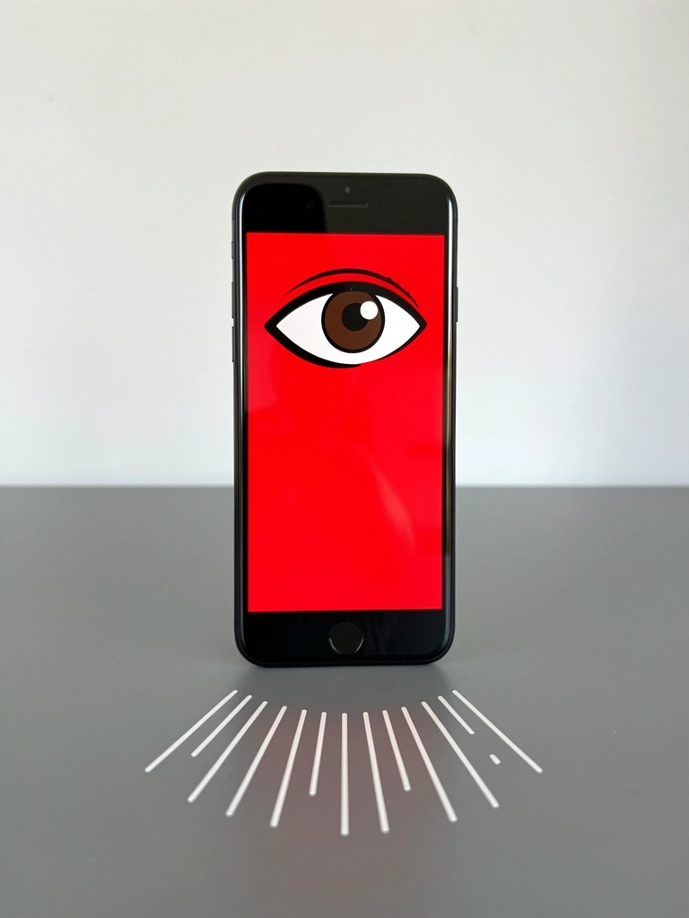 Tela de smartphone exibindo grade de aplicativos com ícone de olho e cadeado sobre fundo escuro.
