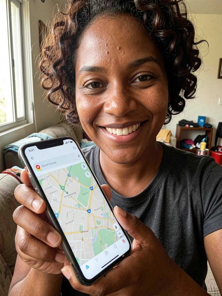 Pessoa segurando smartphone com ícone de busca e mapa na tela.