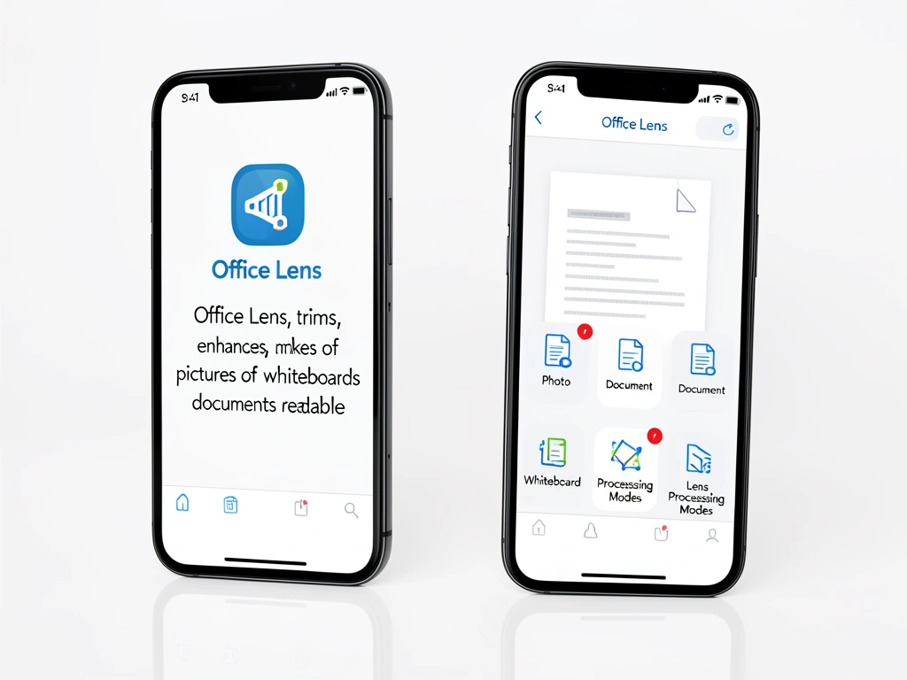 Dois smartphones brancos com telas do aplicativo Office Lens, um exibindo logotipo e recursos, outro com ícones de modo de digitalização, fundo branco limpo e reflexos sutis.