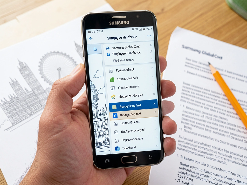 Mão segurando smartphone Samsung exibindo escaneamento de documento com desenho de Big Ben e London Eye, ao lado de página impressa e lápis colorido sobre mesa de madeira, iluminação natural.