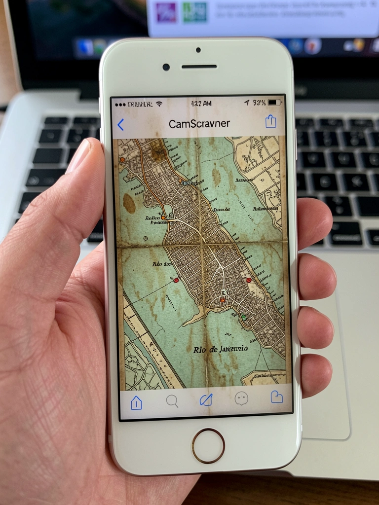 Mão segurando iPhone 8 com CamScanner exibindo mapa antigo do Rio de Janeiro, teclado de MacBook ao fundo, luz natural difusa.