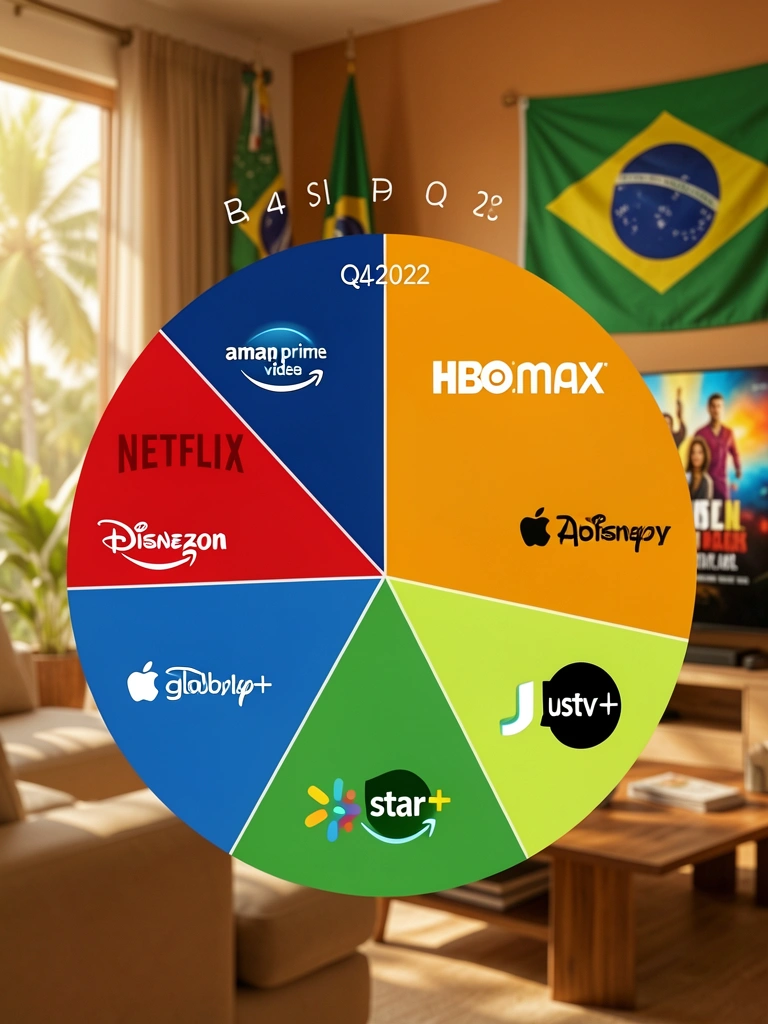 Gráfico de pizza vibrante com logos de streaming sobre fundo desfocado de sala com TV e bandeira do Brasil, luz solar tropical.