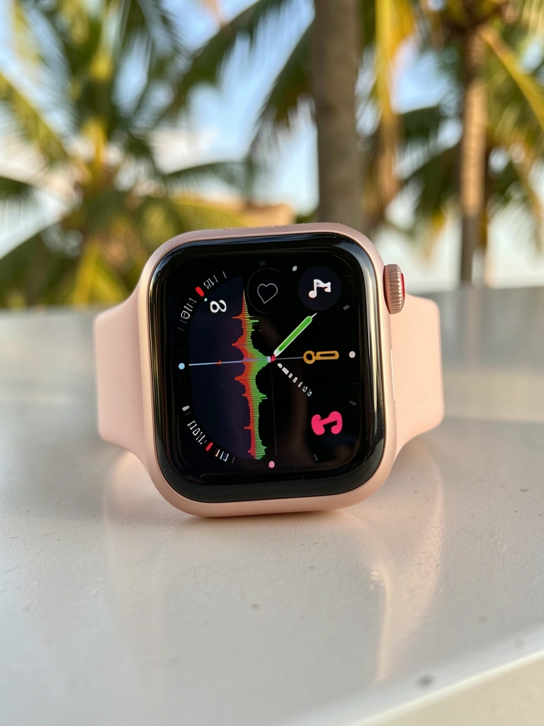 Apple Watch SE 2 40mm rosa claro sobre superfície cinza clara, mostrando hora, batimentos cardíacos e controles de música com luz natural.
