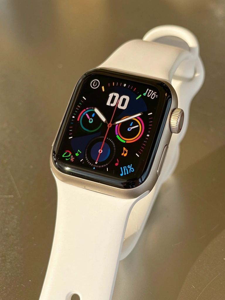 Relógio Apple Watch branco sobre superfície reflexiva, mostrador digital com música, bateria e batimentos cardíacos, luz natural suave.