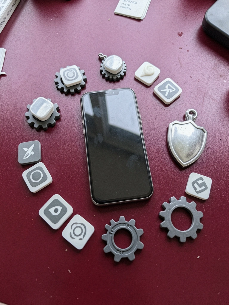 Smartphone com escudo e ícones de aplicativos ao redor, conceito de proteção digital.