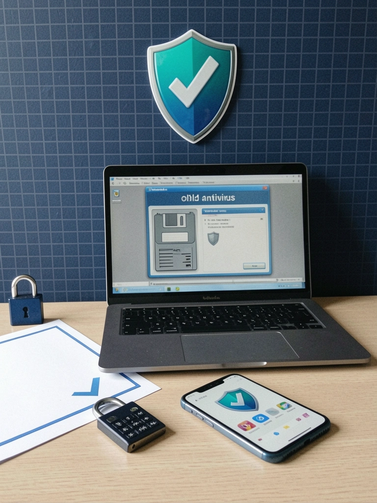 Escudo digital moderno sobre ícones de aplicativos, com traço de evolução a partir de um antivírus antigo.