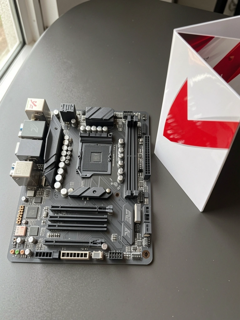 Placa-mãe Asus Prime H410M-E sobre superfície escura, com soquete, slots e dissipadores visíveis.