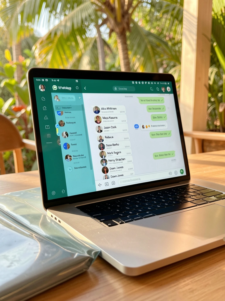 Tela de laptop com janela do WhatsApp e conversas, luz natural refletindo no alumínio, fundo tropical desfocado.