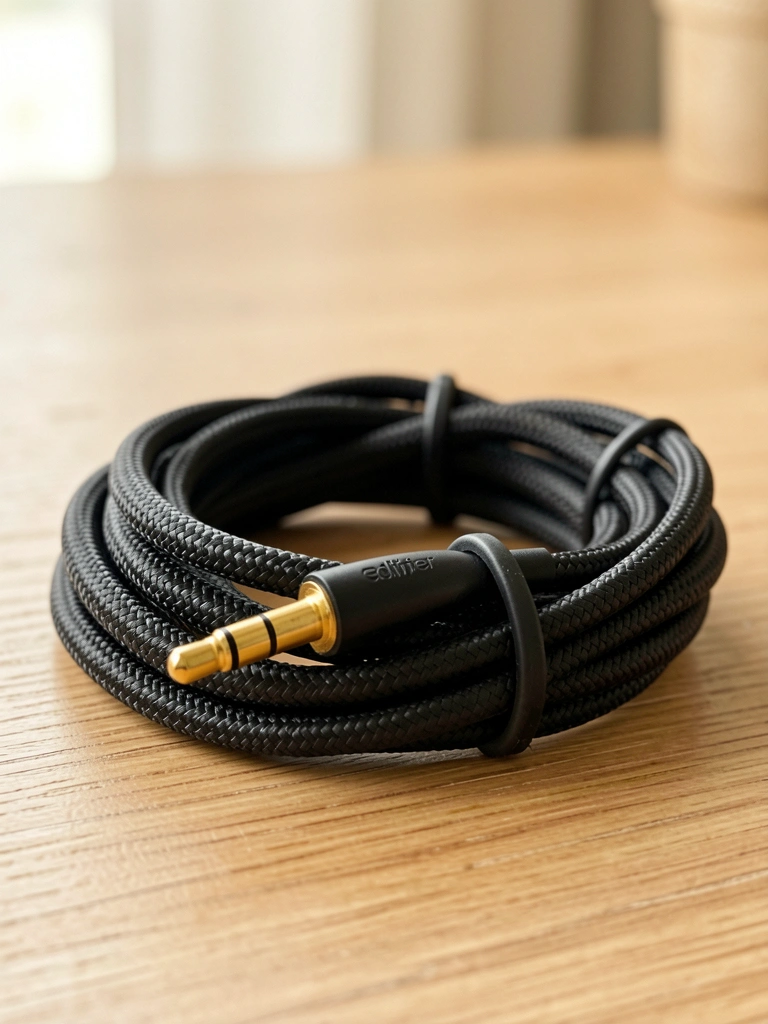 Cabo de fone Edifier preto com plugue dourado e textura trançada, coilado e preso por elástico, luz natural suave.