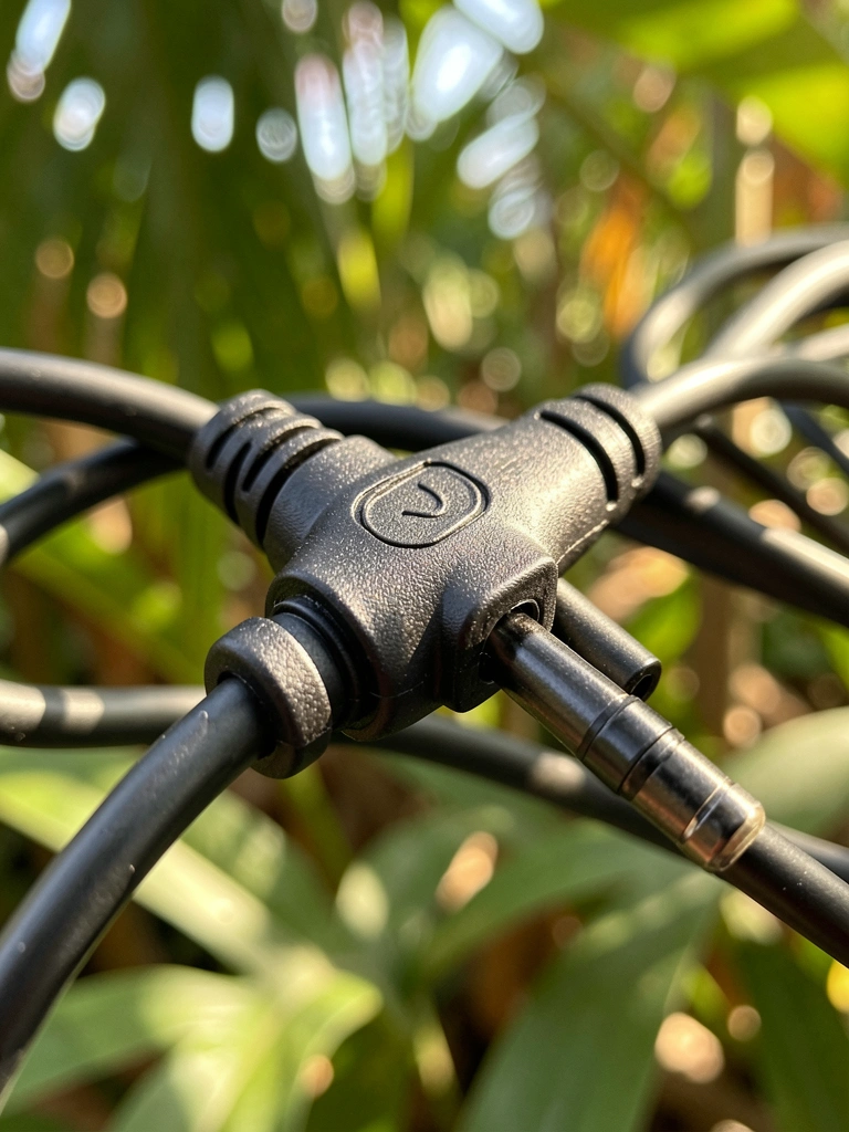 Cabo de áudio preto com conector 3,5mm e duas entradas auxiliares, luz natural filtrada por folhagens ao fundo.