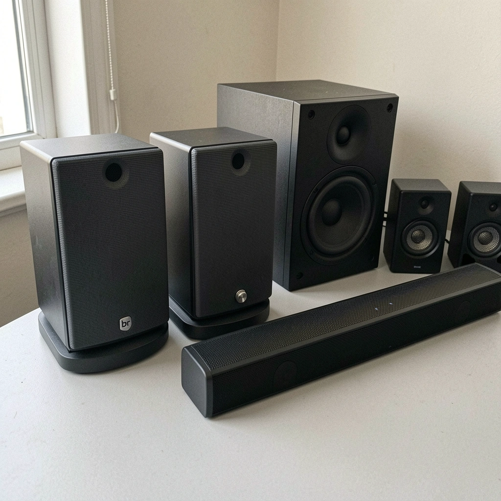 Três caixas de som diferentes sobre uma mesa de madeira: um par 2.0, um sistema 2.1 com subwoofer e uma soundbar.