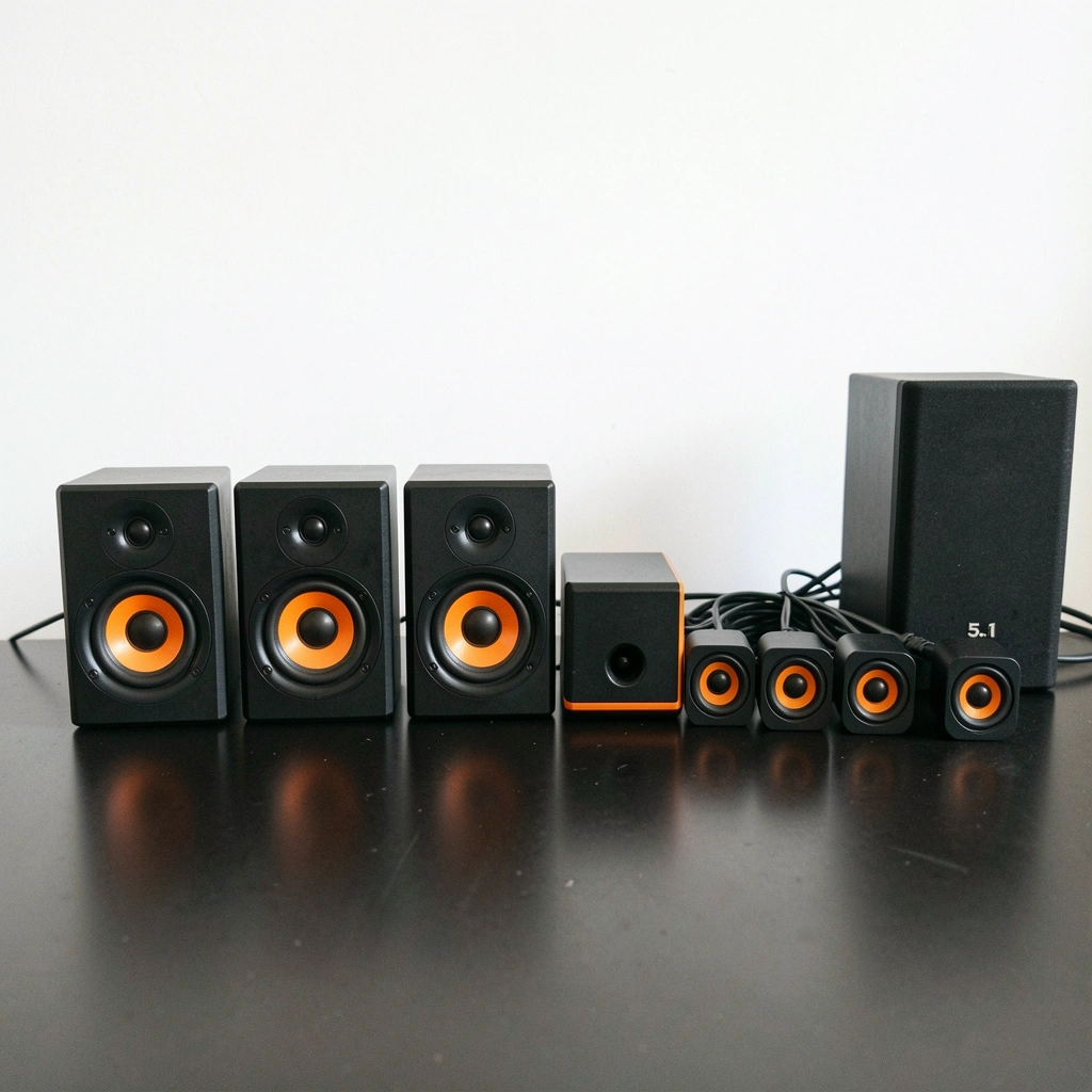 Comparação entre sistemas de som 2.0, 2.1 e 5.1 para computador, com caixas acústicas e subwoofer.