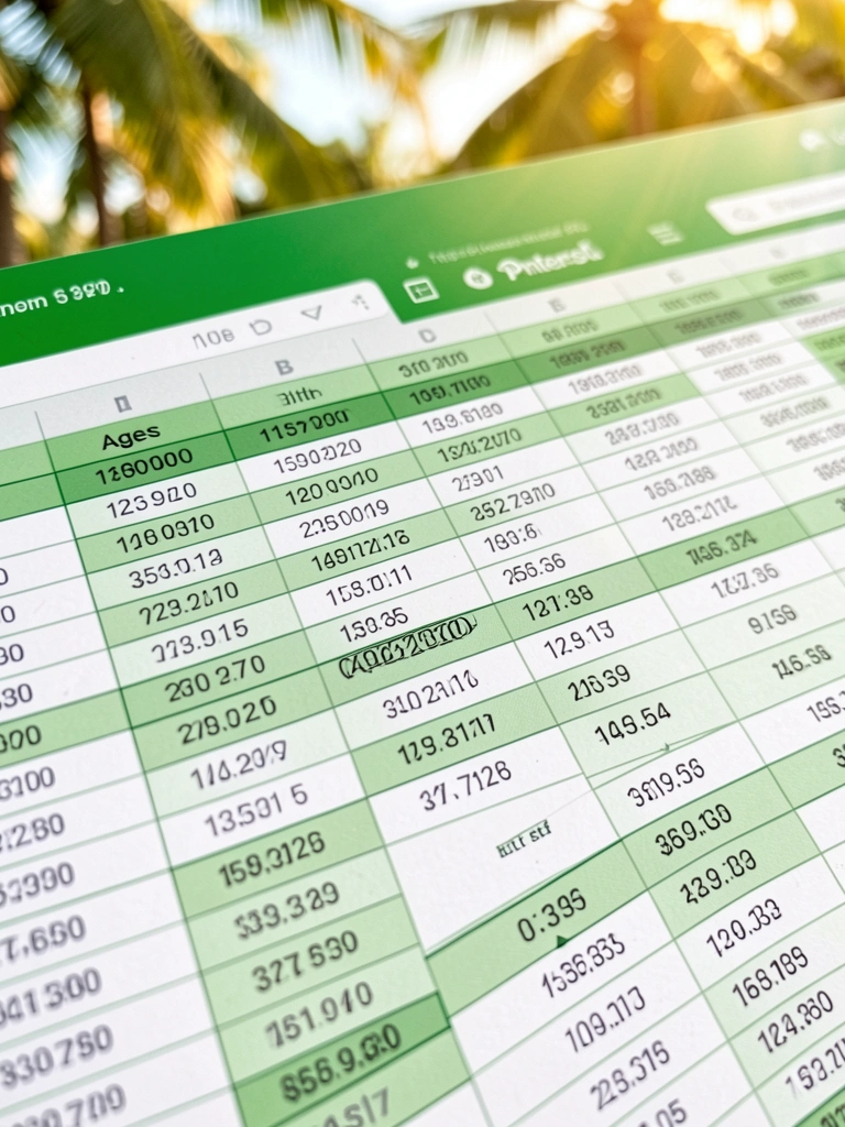 Planilha com dados de datas e idades, fundo branco, esquema verde, luz natural de dia.
