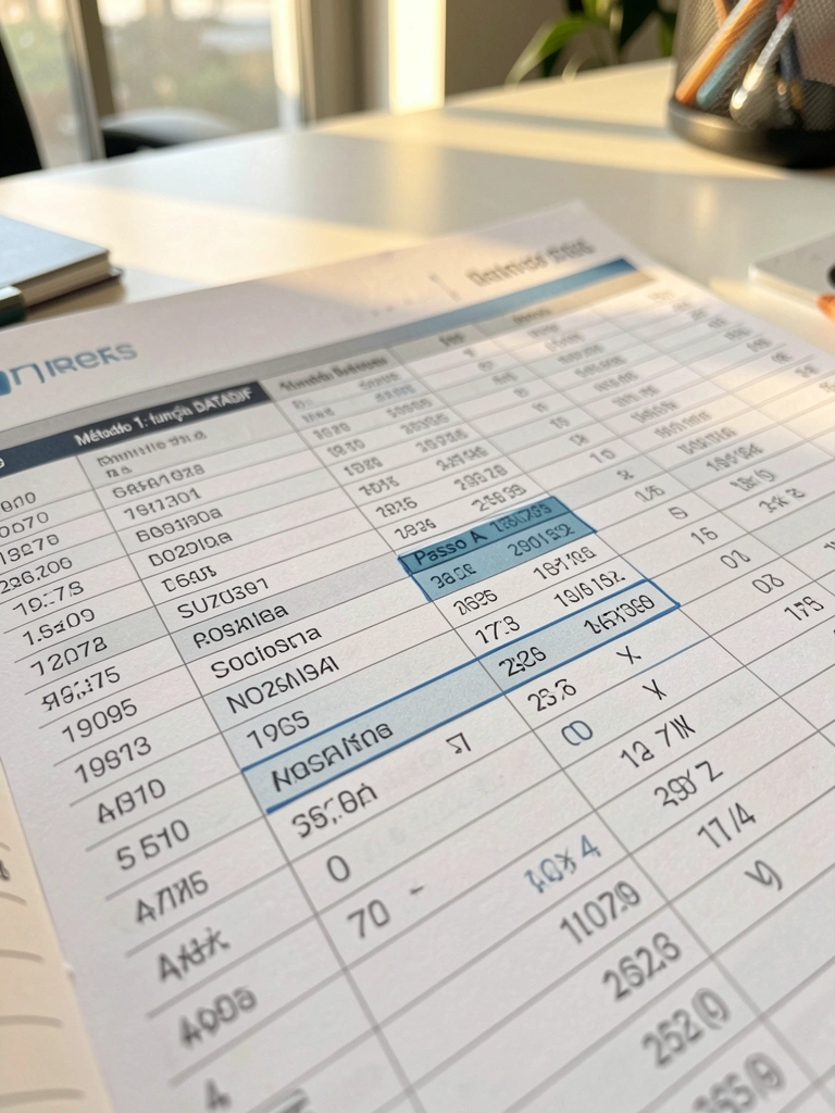 Planilha com tabela de dados pessoais, fórmulas DATADIF e cálculos de idade, aberta sobre mesa branca sob luz natural.