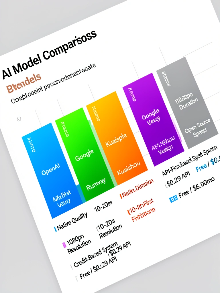Gráfico de barras colorido comparando modelos de IA como OpenAI e Google, com métricas detalhadas em fundo cinza claro.