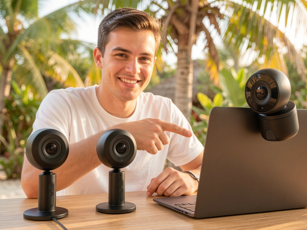 Jovem de camiseta branca aponta para três webcams pretas modernas sobre mesa, laptop e suporte, com luz natural e fundo levemente desfocado.