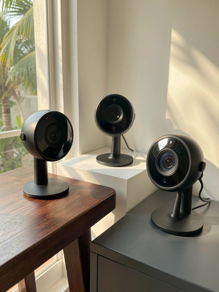 Três webcams pretas minimalistas sobre superfícies branca, madeira escura e cinza, luz natural com sombras suaves.