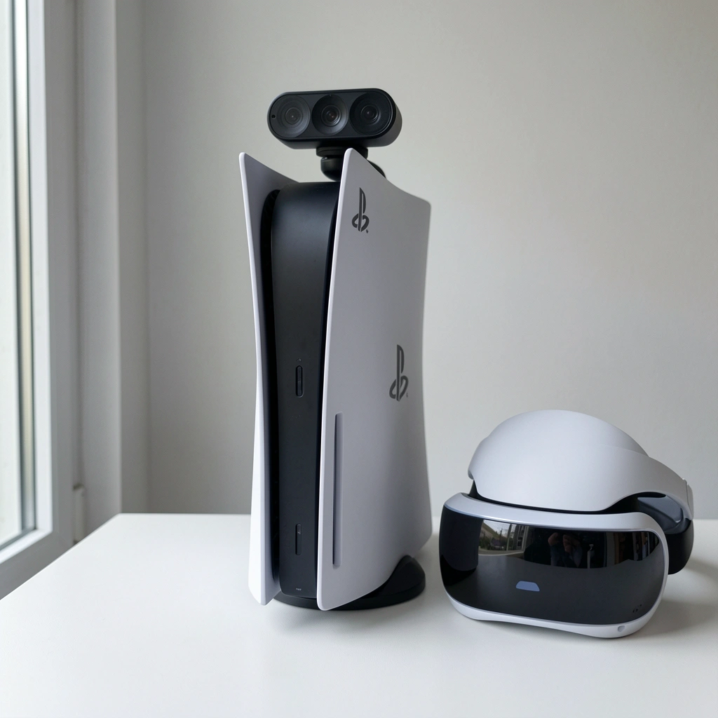 Console PlayStation 5 com câmera e headset PSVR dispostos lado a lado.