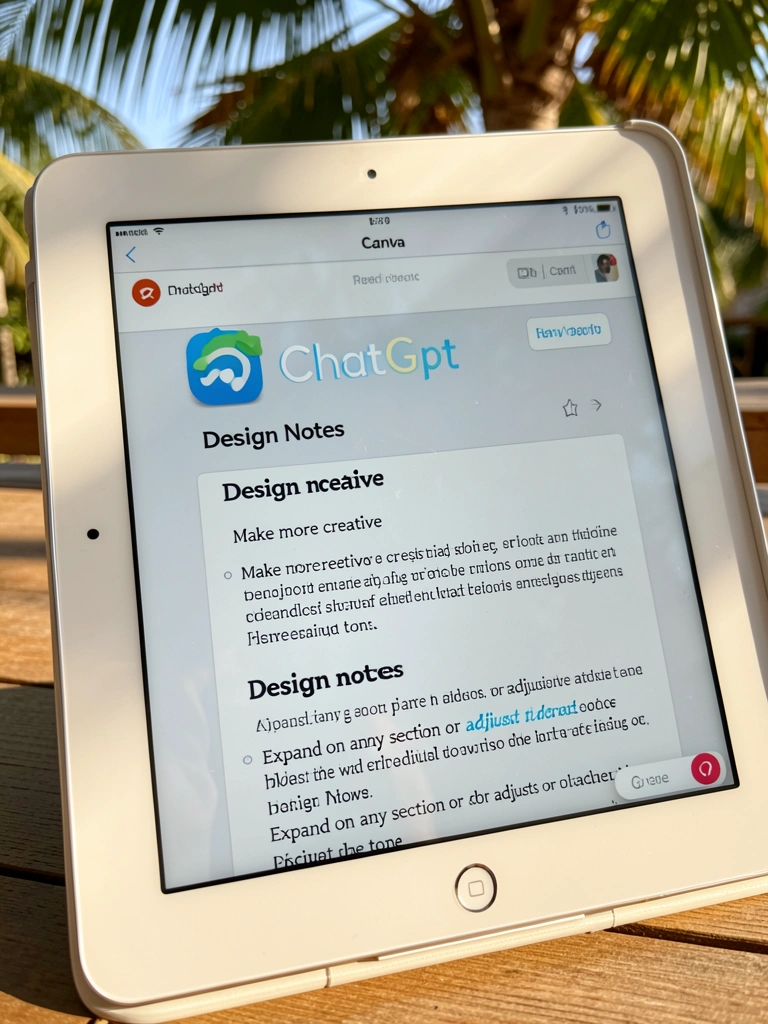 iPad branco com interface do Canva e logo do ChatGPT, luz natural quente e fundo desfocado com folhagens tropicais.