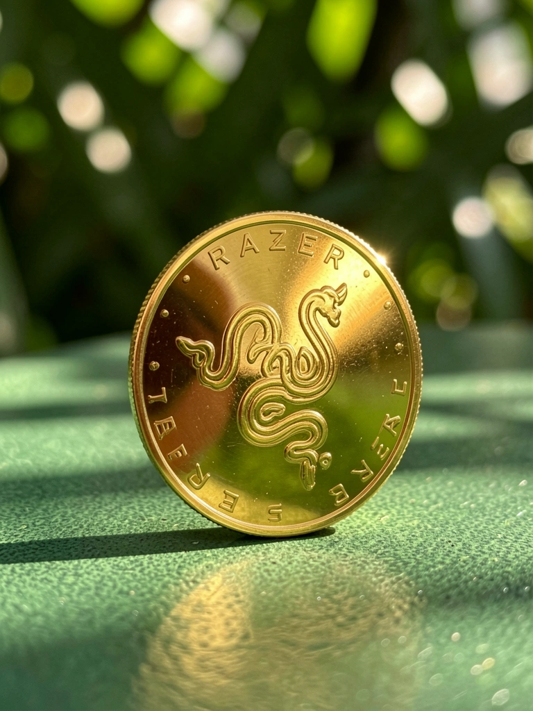 Moeda dourada da Razer com logotipo e serpente estilizada sobre fundo verde texturizado com bokeh, luz natural filtrada por folhas.