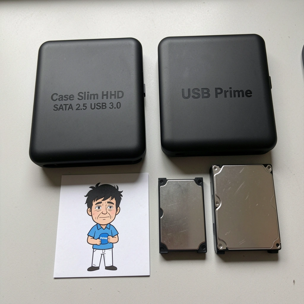 Duas caixas de alumínio e plástico ao lado de HDs de notebook de diferentes espessuras sobre uma superfície neutra.