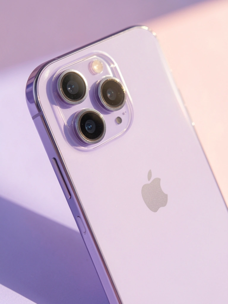 iPhone 17 lavanda em close, câmera dupla e logo Apple visíveis, fundo desfocado em gradiente lavanda e rosa, luz natural suave.
