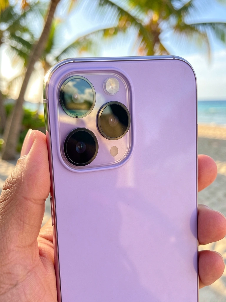 Lavender iPhone 17 segurado por mão exibe câmera dupla com lentes brilhantes e tela refletindo cena externa ensolarada.