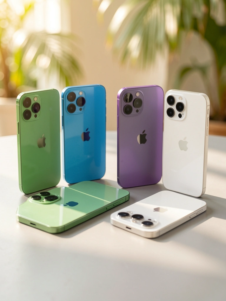 Cinco iPhones 14 Pro nas cores verde, azul, roxo, cinza e branco alinhados sobre superfície cinza clara, com reflexos nítidos e luz natural suave.