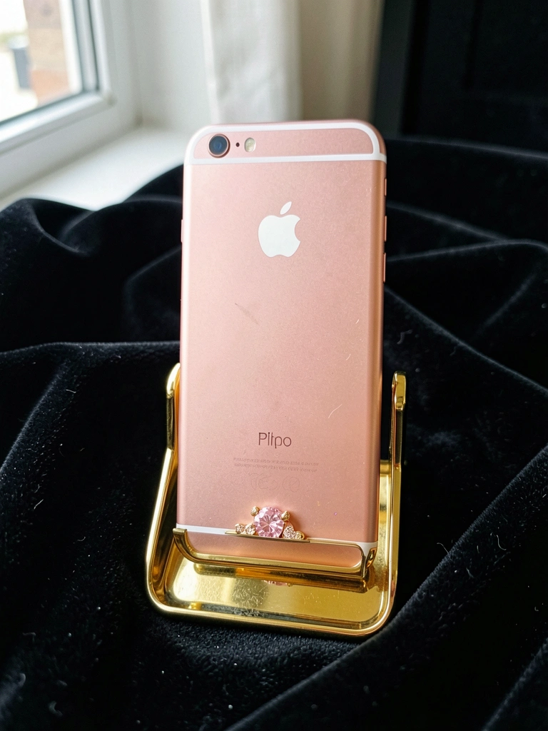 Smartphone Falcon Supernova iPhone 6 Pink Diamond com diamante rosa e detalhes em ouro 24K sobre fundo escuro.