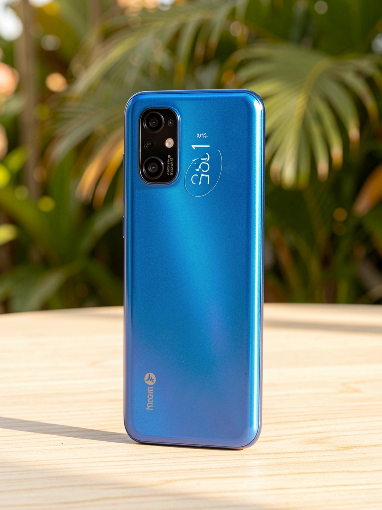 Smartphone Motorola Moto G20 azul iridescente sobre mesa de madeira clara, tela exibindo relógio 11:35 e data 3 de abril, módulo de câmera visível, luz natural difusa e fundo desfocado com folhagem tropical.