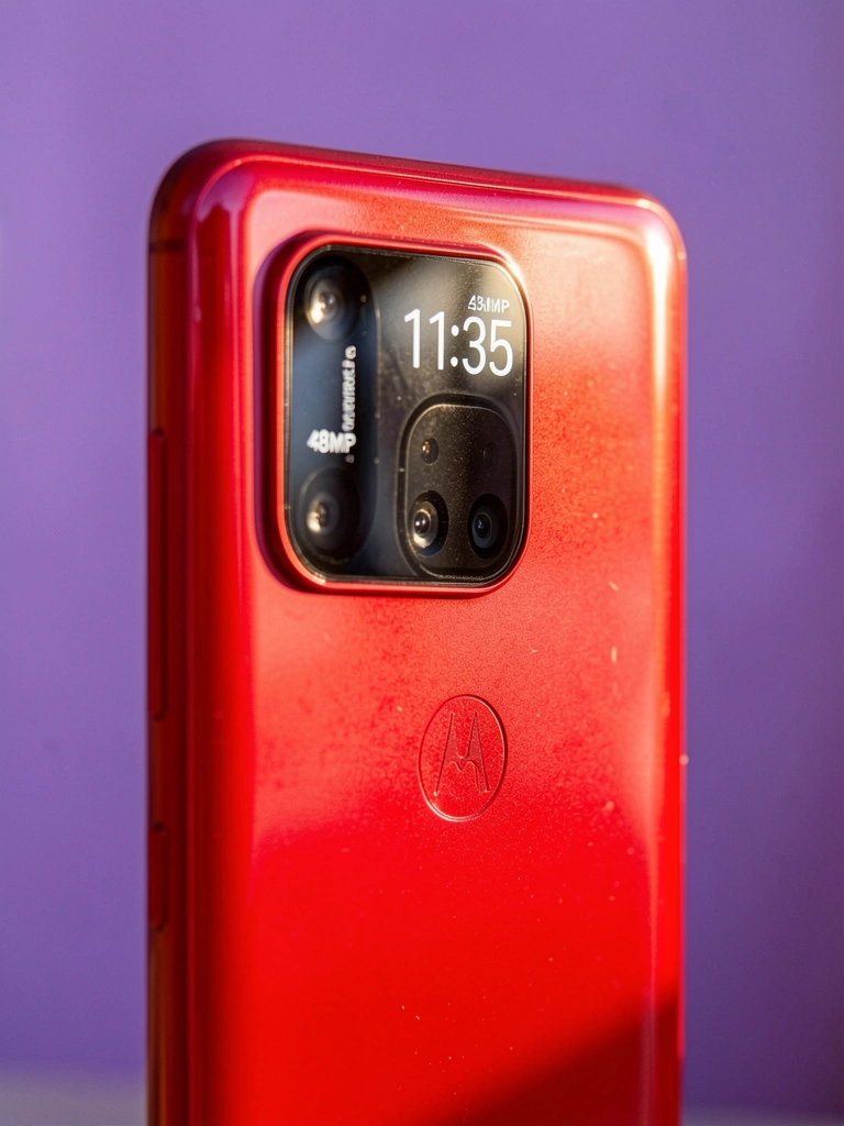 Smartphone Motorola vermelho com tela mostrando 11:35 e lente de 48MP, reflexos de luz natural destacam o design.