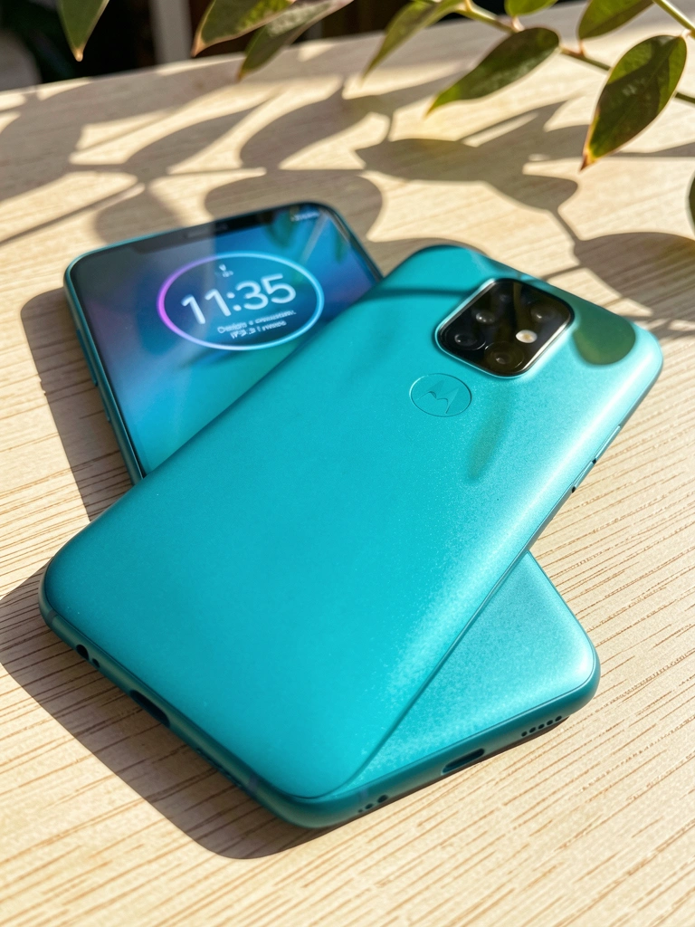 Smartphone azul-teal sobre madeira clara, relógio digital 11:35, reflexos no vidro e lentes da câmera visíveis.