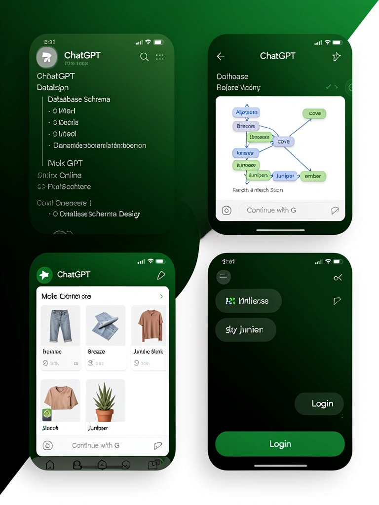 Interface do app ChatGPT com paleta verde escuro, botões