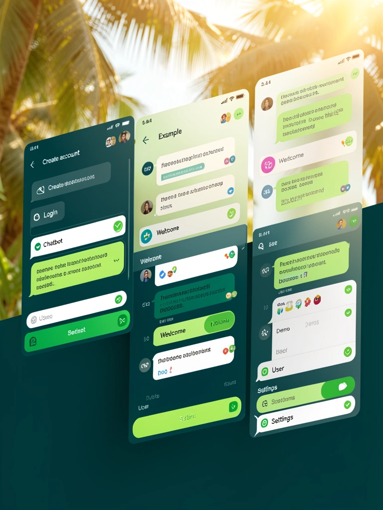 Close-up de mockup de interface de chat com fundo verde-escuro e detalhes em verde-limão, ícones e bolhas de conversa sobrepostas, luz natural de estúdio.