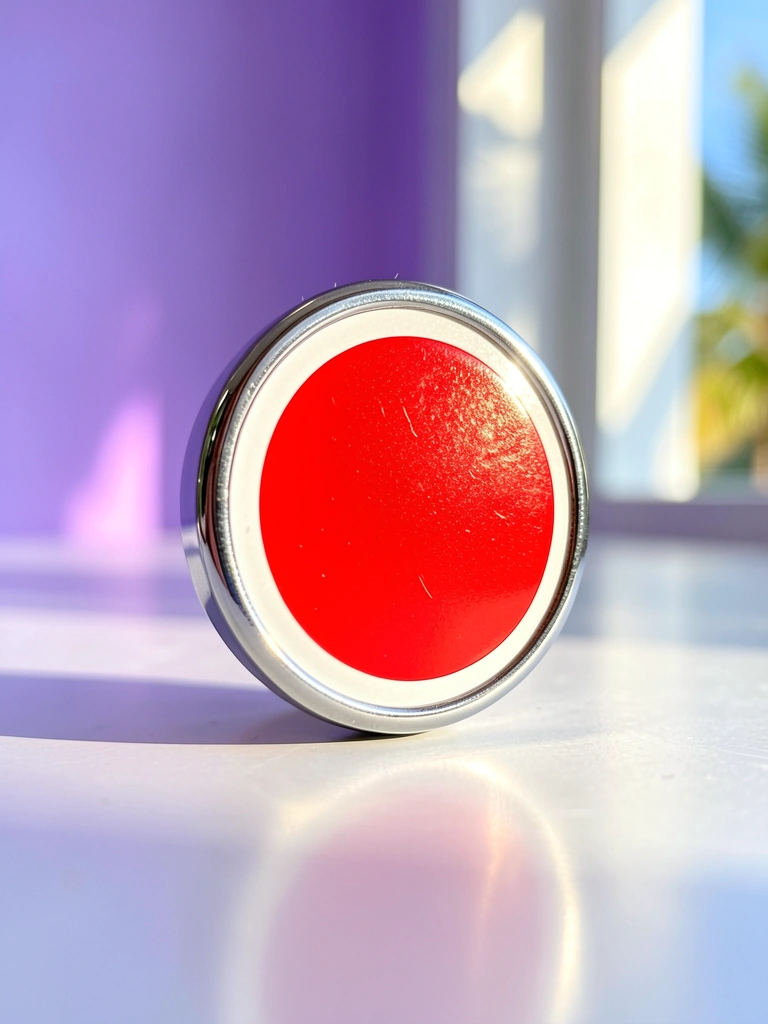Macro de ícone de áudio cromado com círculo vermelho e borda branca sobre superfície refletiva, fundo desfocado em gradiente roxo e azul claro com luz solar difusa.