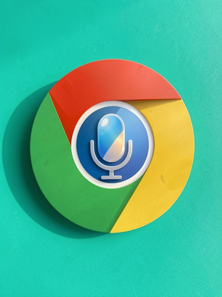 Ícone do Google Chrome com gradiente verde, azul e branco e microfone ao centro, fundo teal vibrante e luz natural destacando reflexos.