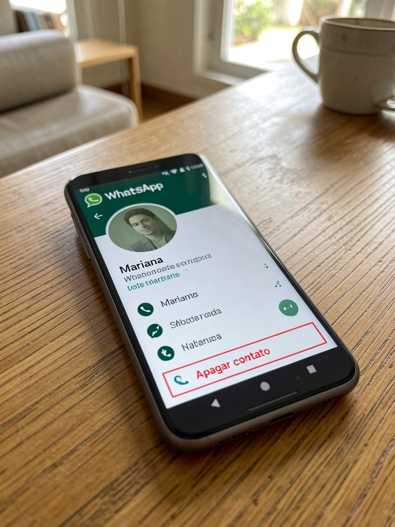 Tela de perfil de contato no WhatsApp Android com o botão Apagar contato em destaque