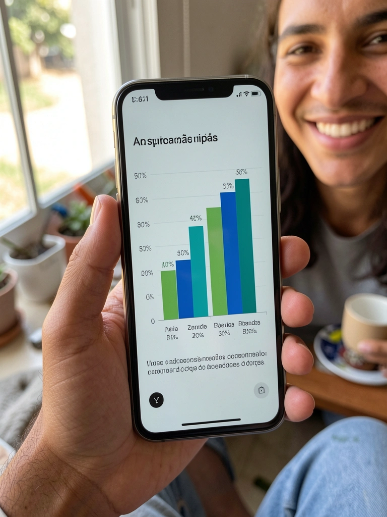 Smartphone com tela ligada mostrando gráfico de barras sobre consumo de dados por anúncios.