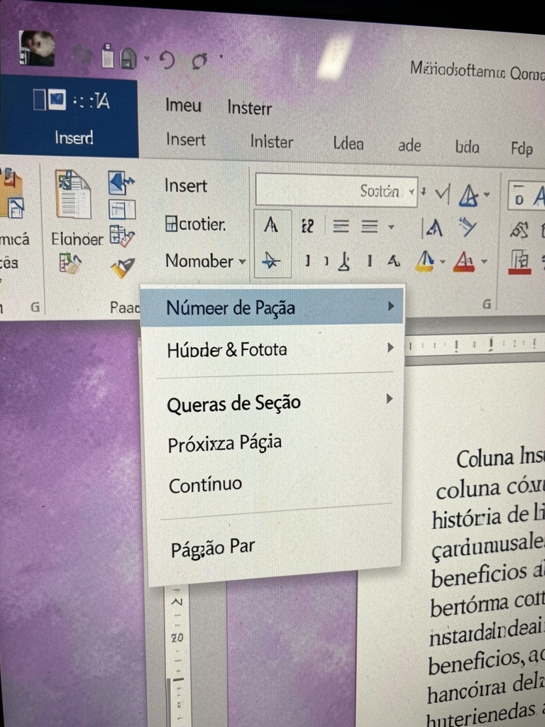 Tela do Microsoft Word com o menu Inserir aberto e a opção Número de Página destacada