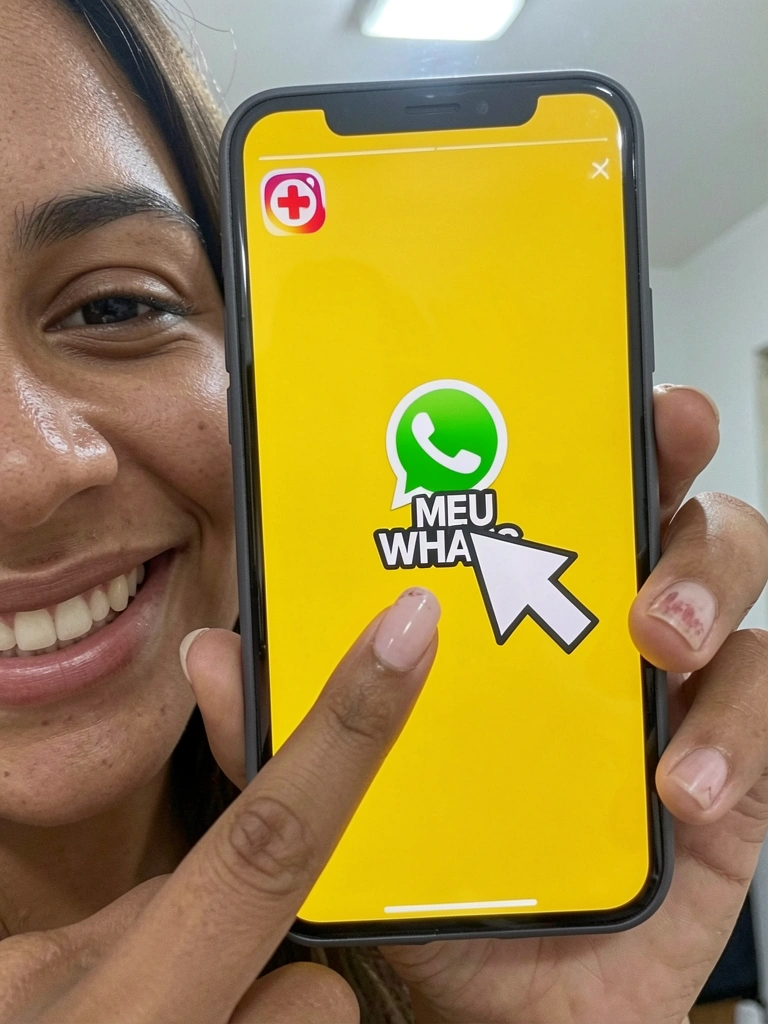 Story de Instagram com seta apontando para o adesivo de link do WhatsApp