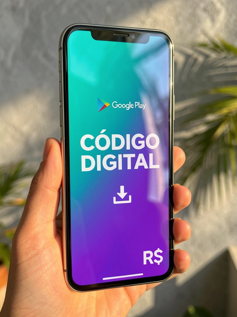 Smartphone moderno exibindo gift card digital com fundo degradê teal e roxo, texto 