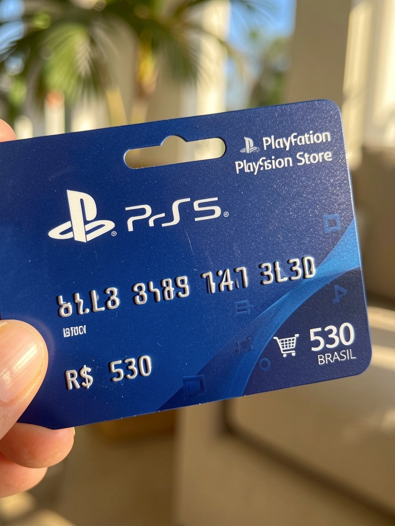 Cartão PlayStation Store azul-escuro com logo e código digital R$530, iluminado por luz natural, fundo desfocado.